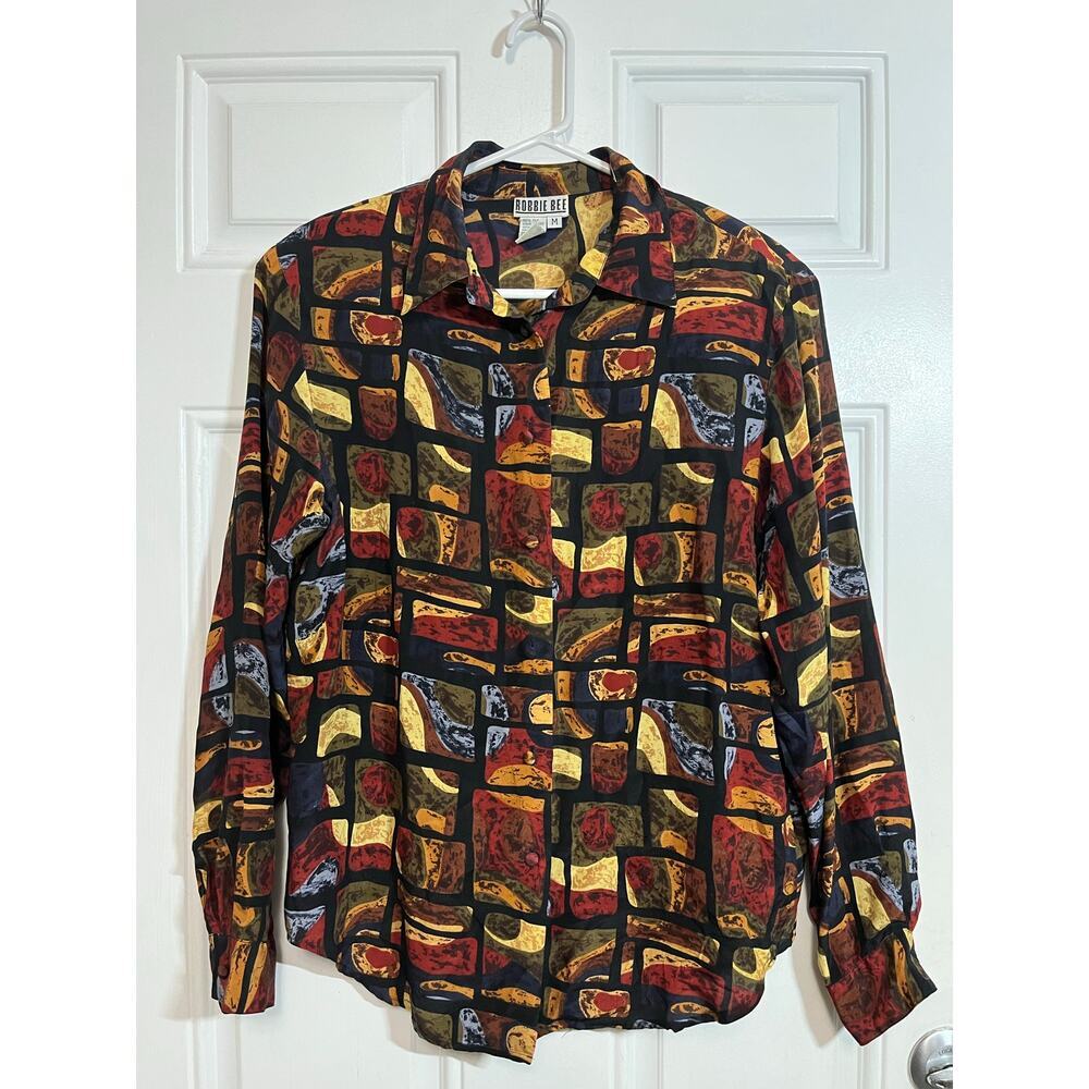 Vintage Robbie Bee 100% Silk Blouse Medium Abstract 90s Art Print